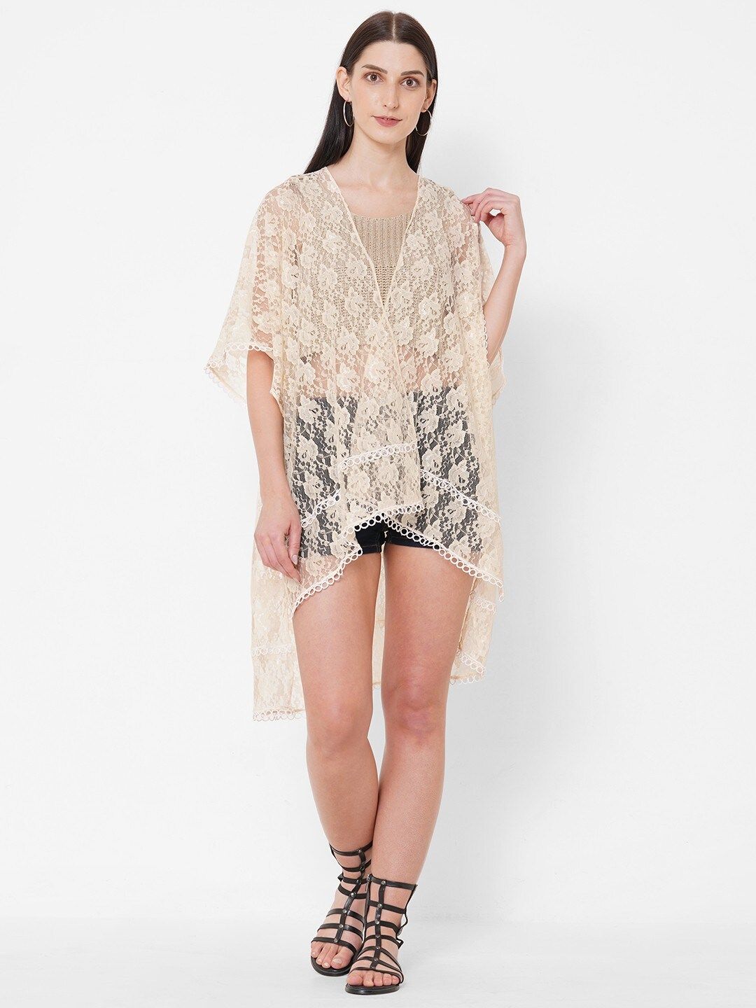 Get Wrapped Women Beige Longline Kimono Shrug with Mirror Lace Borders Price in India