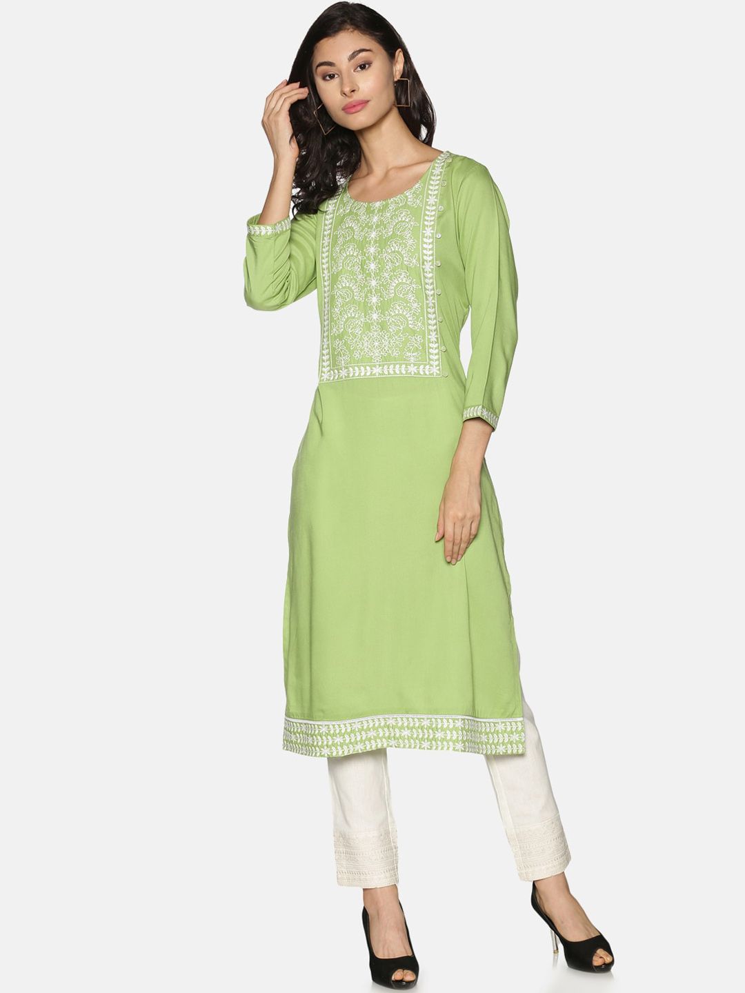 Saffron Threads Women Green Colourblocked Panelled Kurti with Trousers