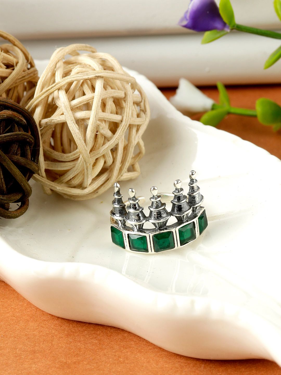 GIVA 925 Sterling Silver Oxidised Silver-Plated & Green Handcrafted Tower Adjustable Finger Ring Price in India