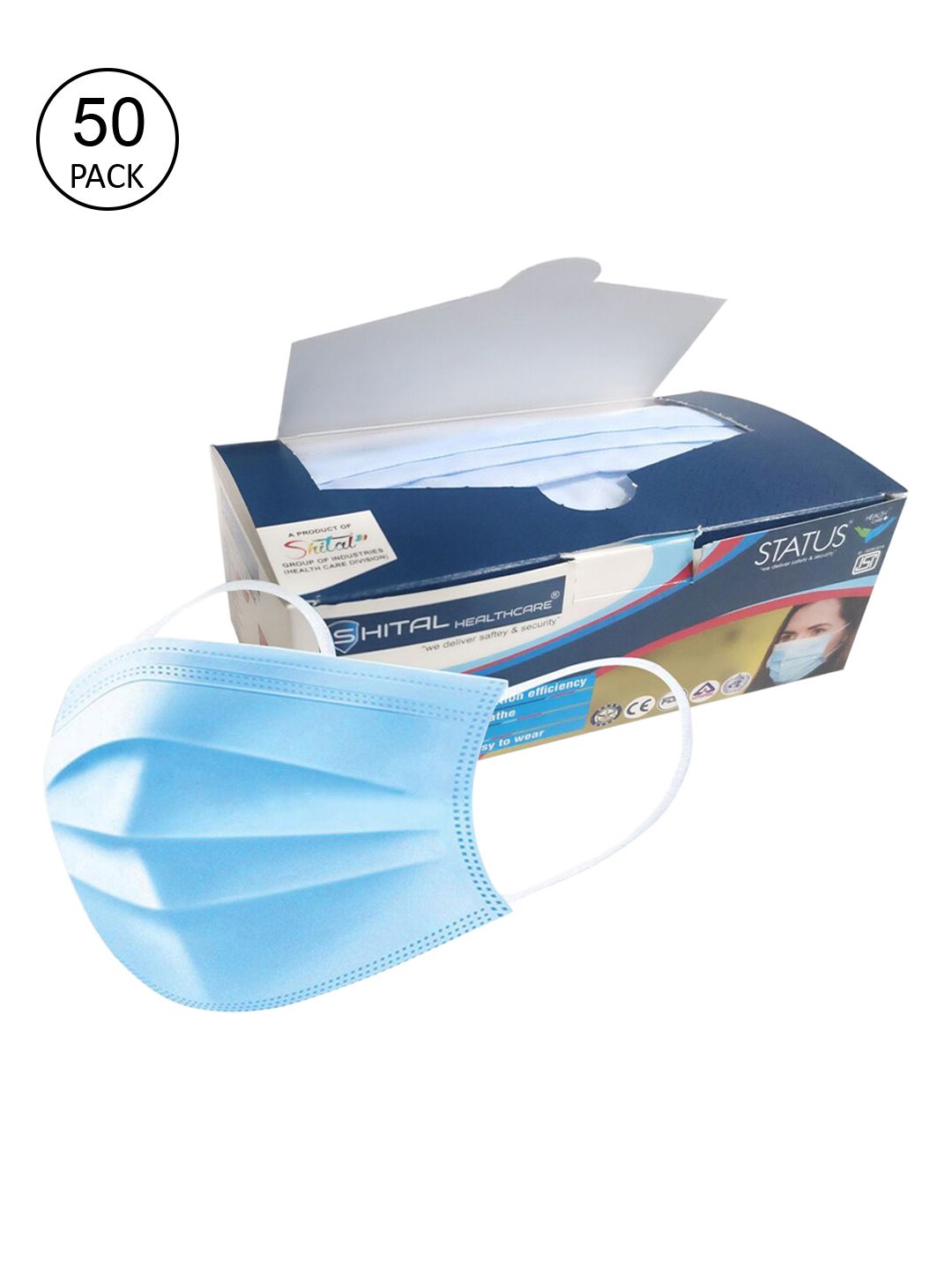 Status Unisex Pack Of 50 Blue Solid 3-Ply Disposable Surgical Face Masks Price in India