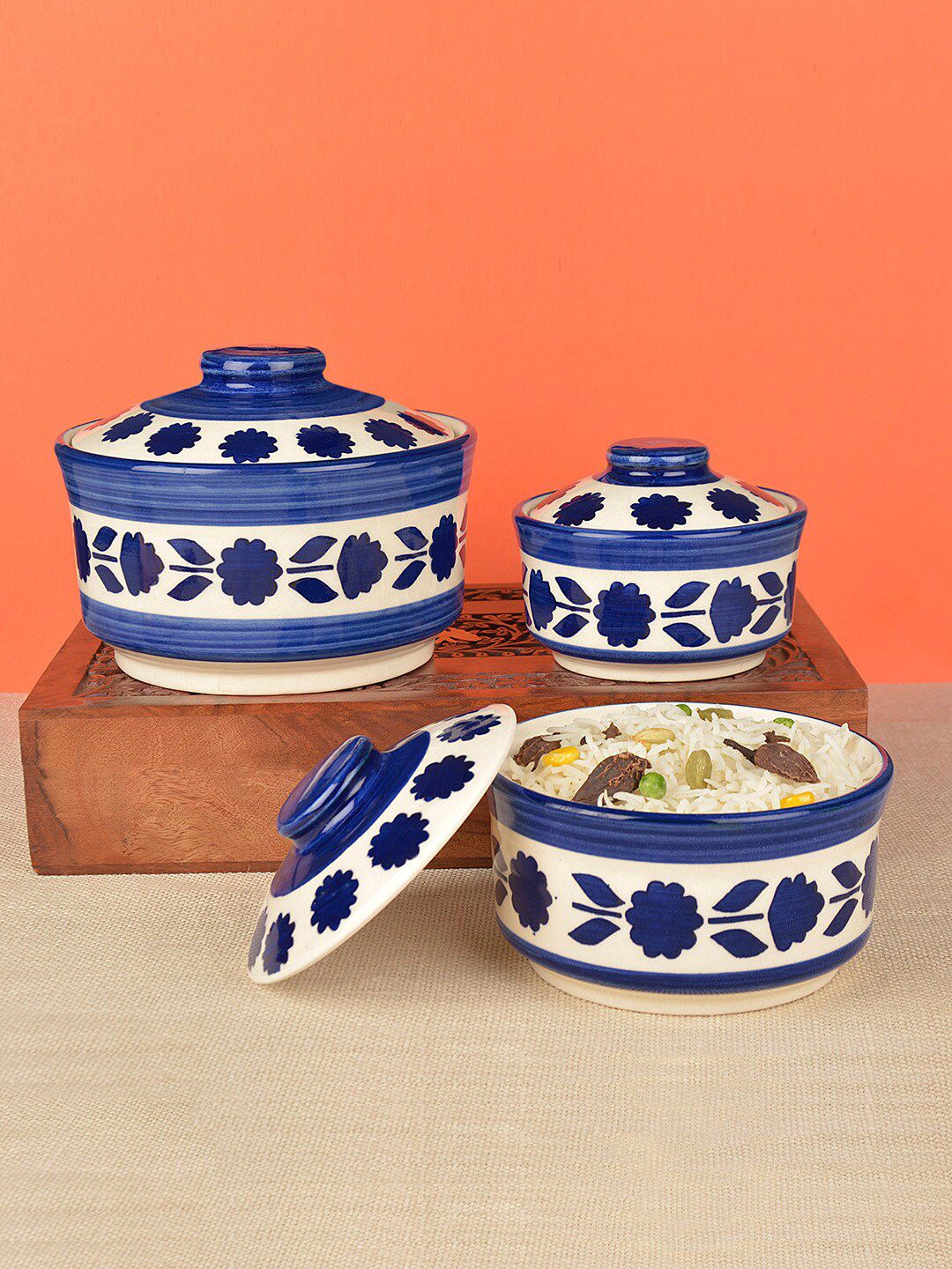 StyleMyWay Set Of 3 White & Blue Hand Painted Ceramic Donga With Lid Price in India