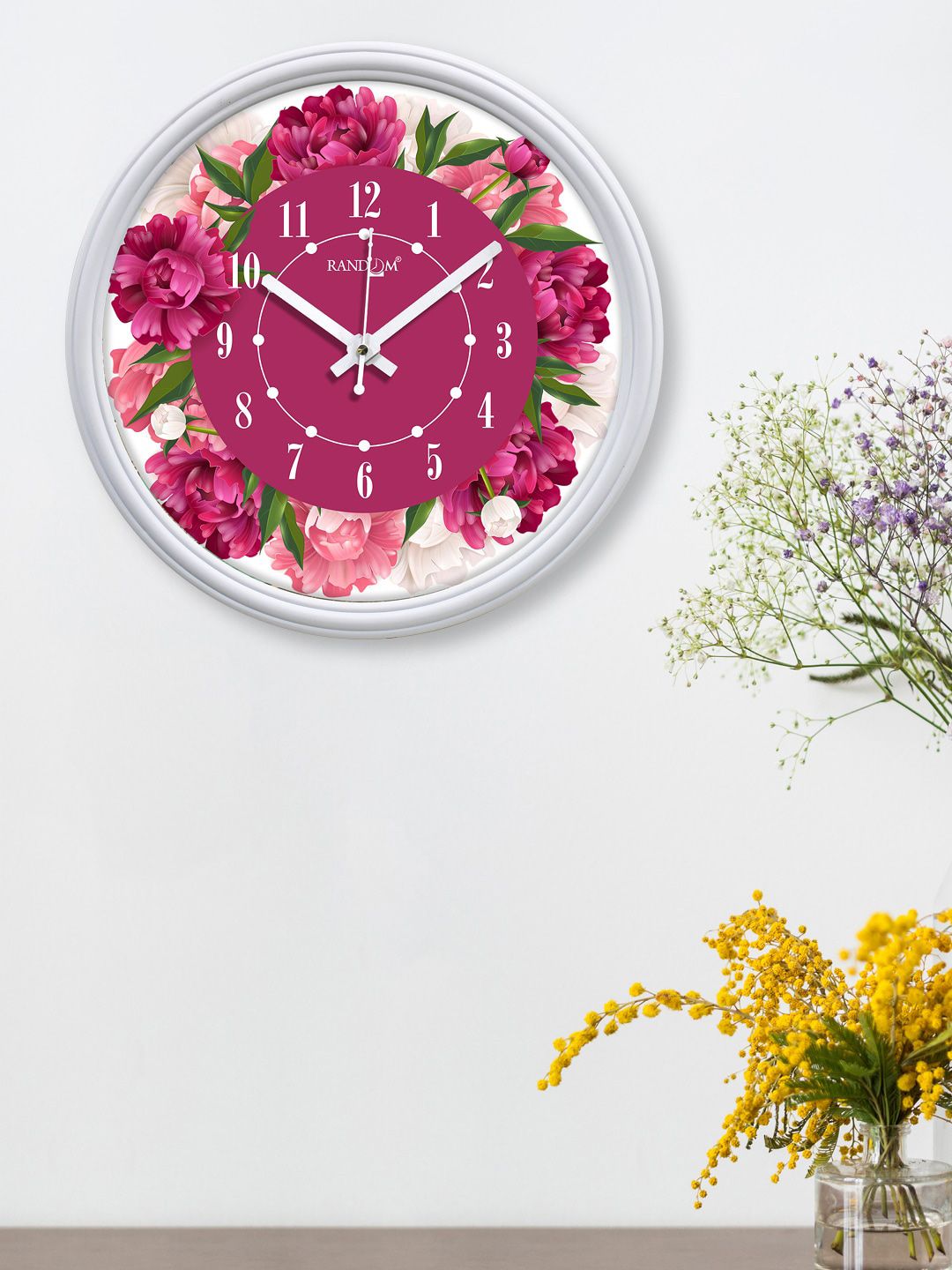 RANDOM White & Pink Printed Contemporary 30.4 cm Analogue Wall Clock Price in India