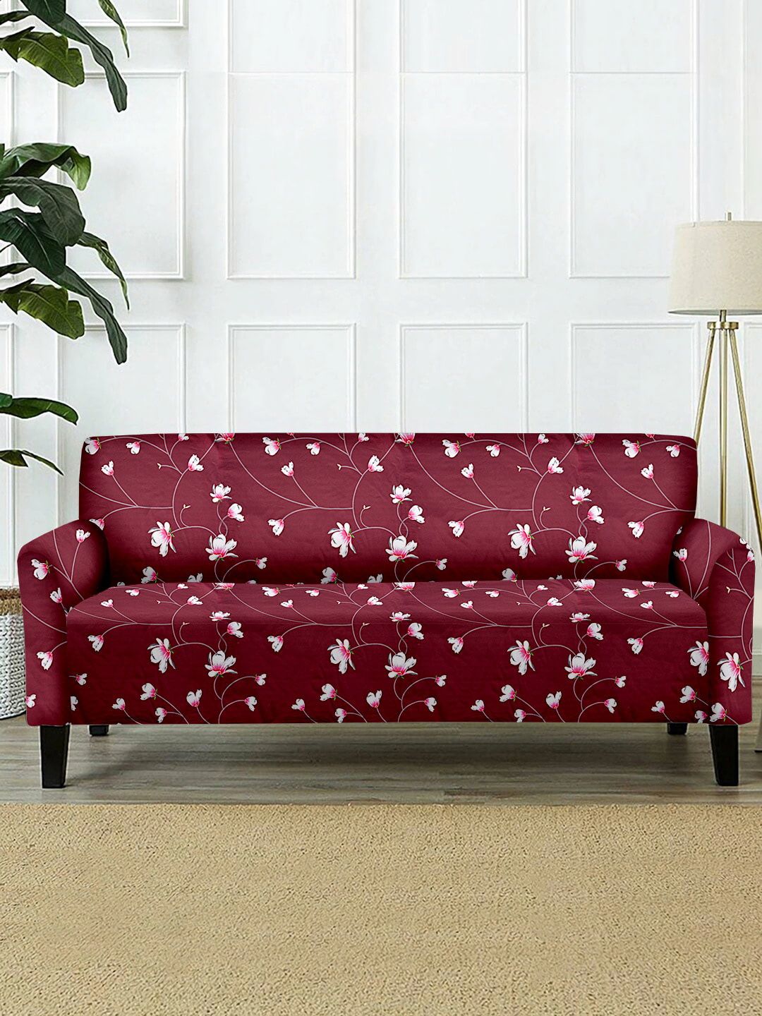 Cortina Red & White Floral Printed 2-Seater Super-Stretchable Non-Slip Sofa Slipcover Price in India