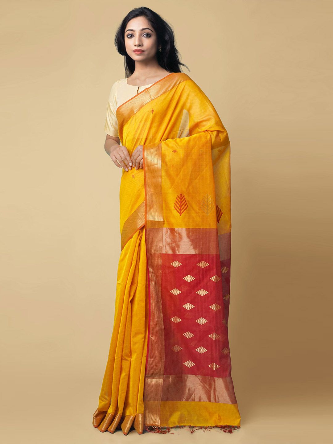 Unnati Silks Yellow & Red Woven Design Zari Silk Cotton Maheshwari Saree