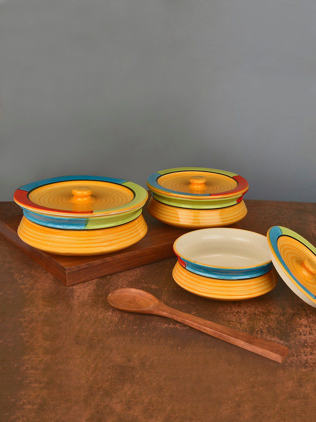 StyleMyWay Set Of 3 Yellow & Blue Handpainted Ceramic Serving Handi with Lid Price in India