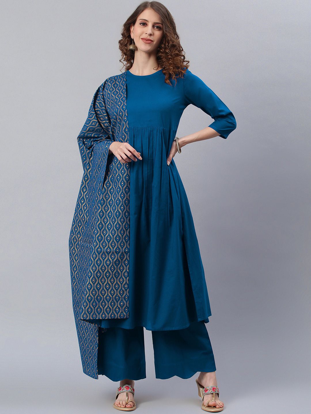 Janasya Women Blue Printed Pure Cotton Anarkali Kurta & Palazzos With Dupatta Price in India