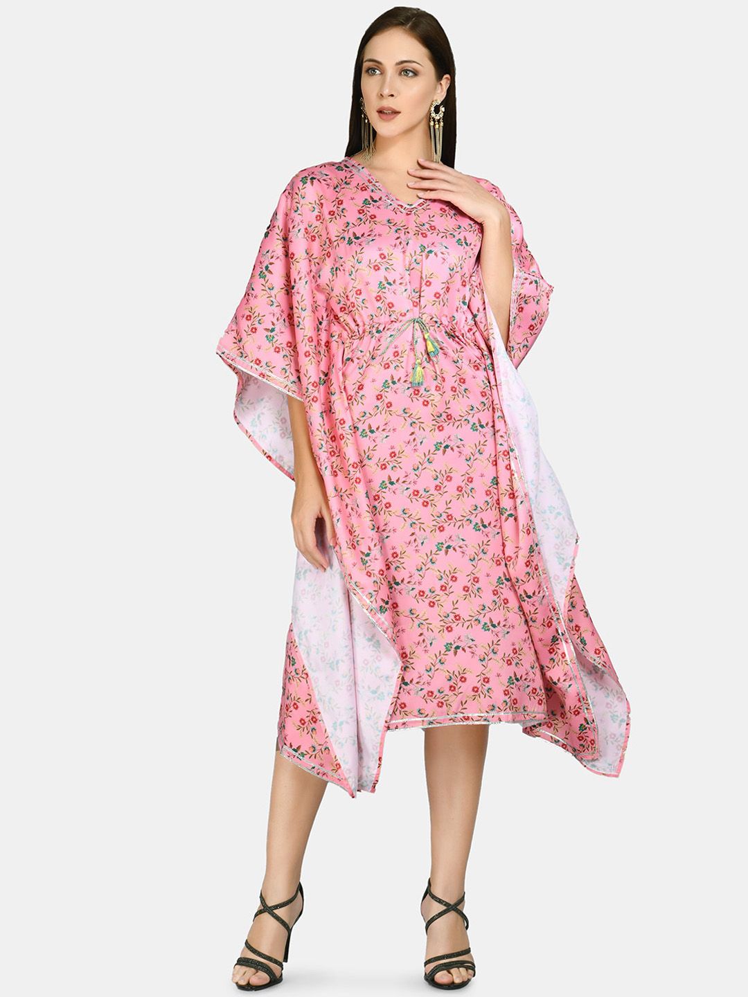 Myshka Pink Floral Kaftan Midi Dress Price in India