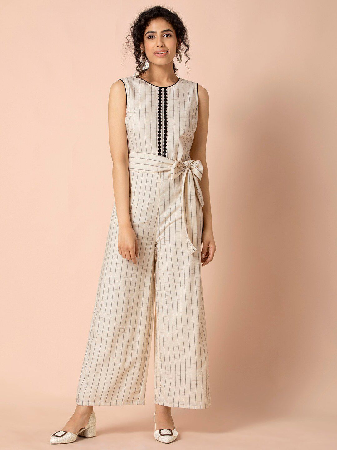Earthen BY INDYA White Striped Tie Waist Jumpsuit Price in India