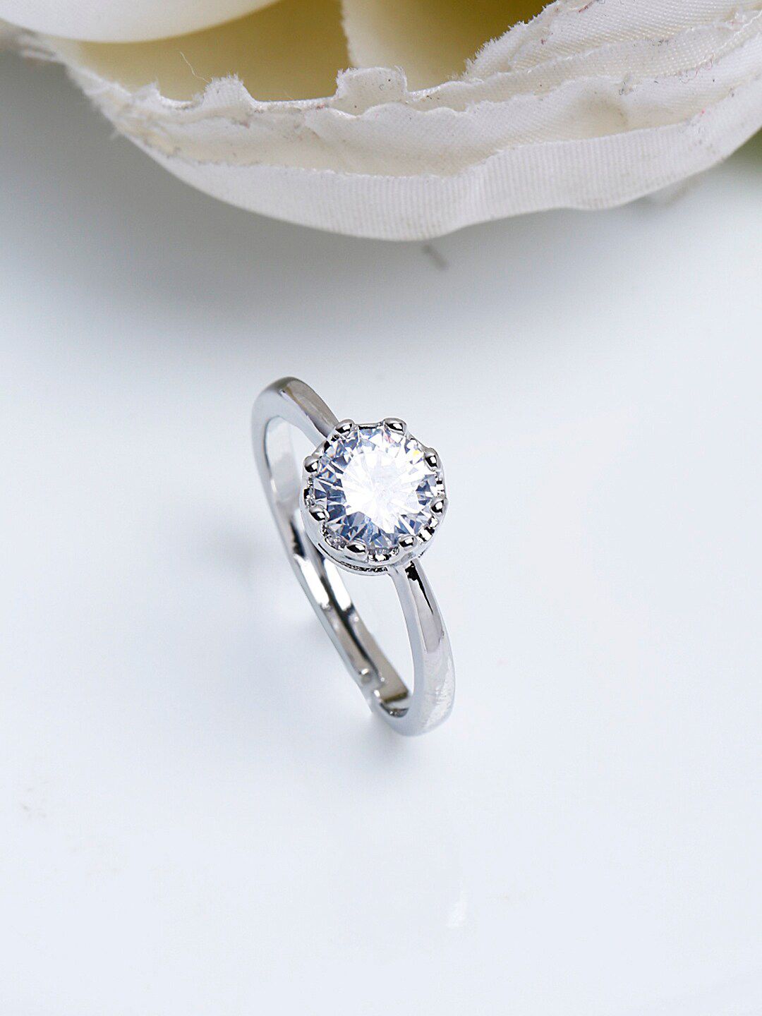 Shining Diva Fashion Platinum-Plated Silver-Toned  White CZ-Studded Adjustable Finger Ring Price in India