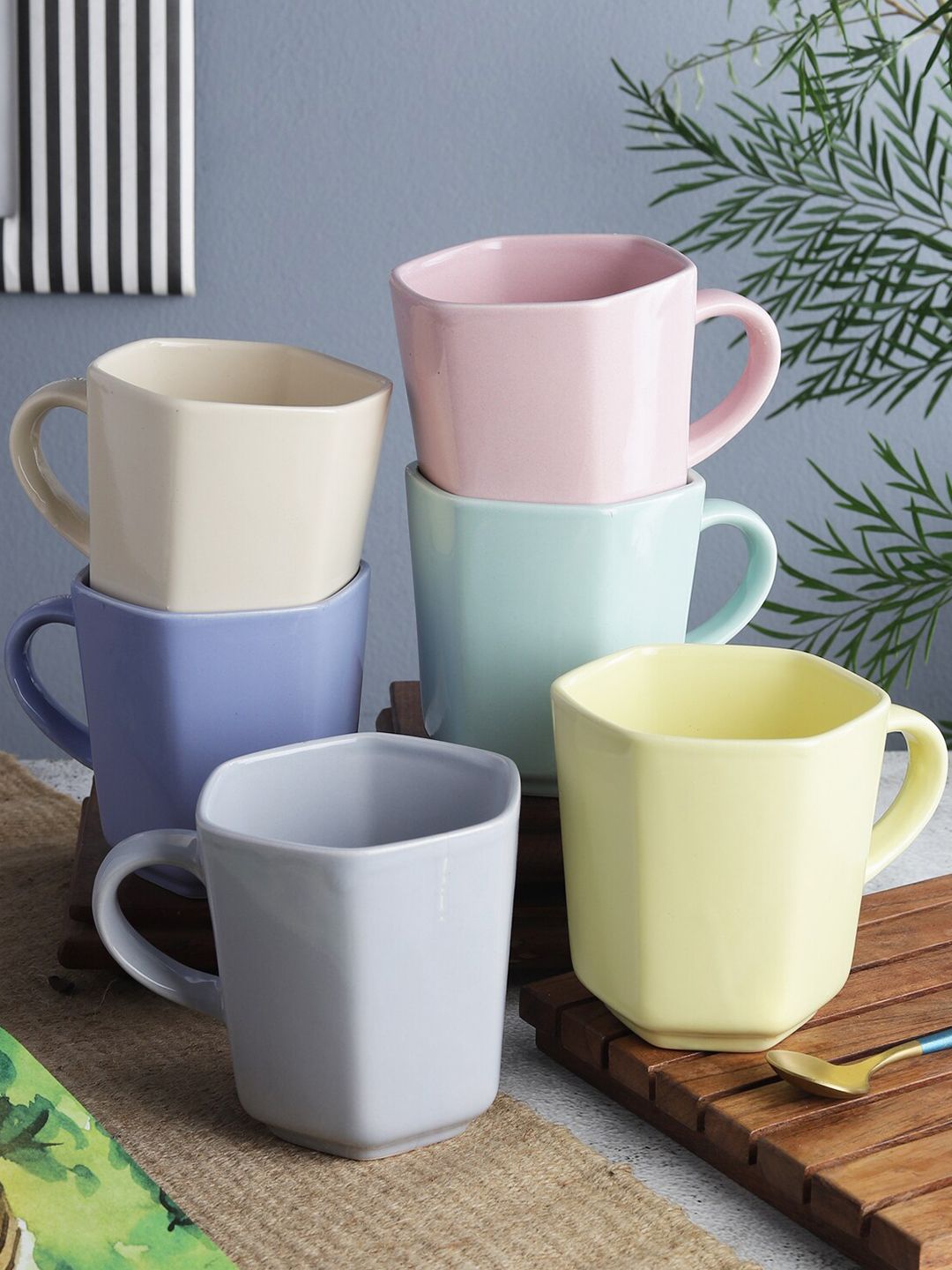 The Decor Mart Pink & Purple 6 Solid Ceramic Glossy Mugs Set Price in India