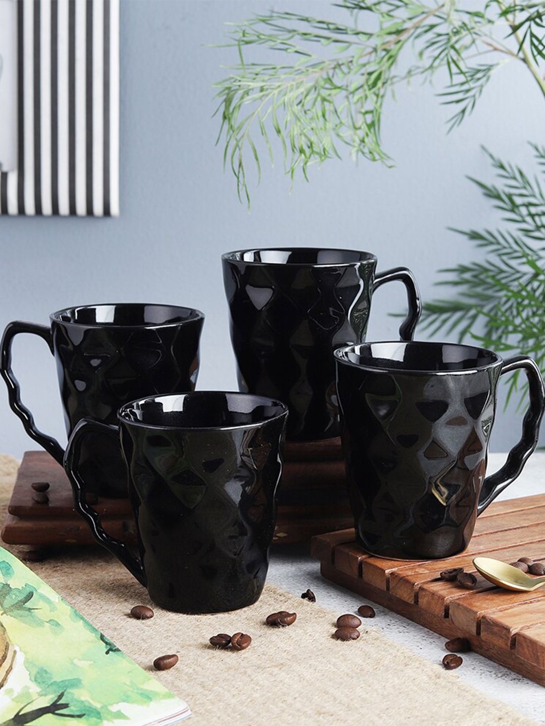 The Decor Mart Set Of 4 Black Textured Ceramic Glossy Mugs Price in India