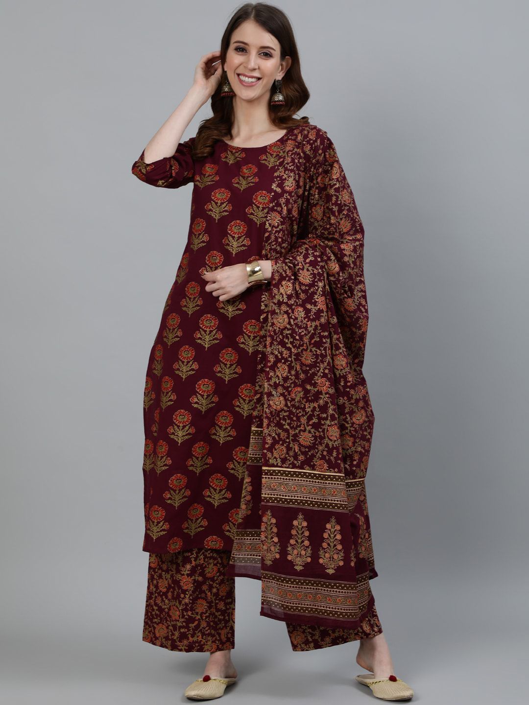 Nayo Women Burgundy Floral Printed Pure Cotton Kurta & Palazzos With Dupatta Price in India