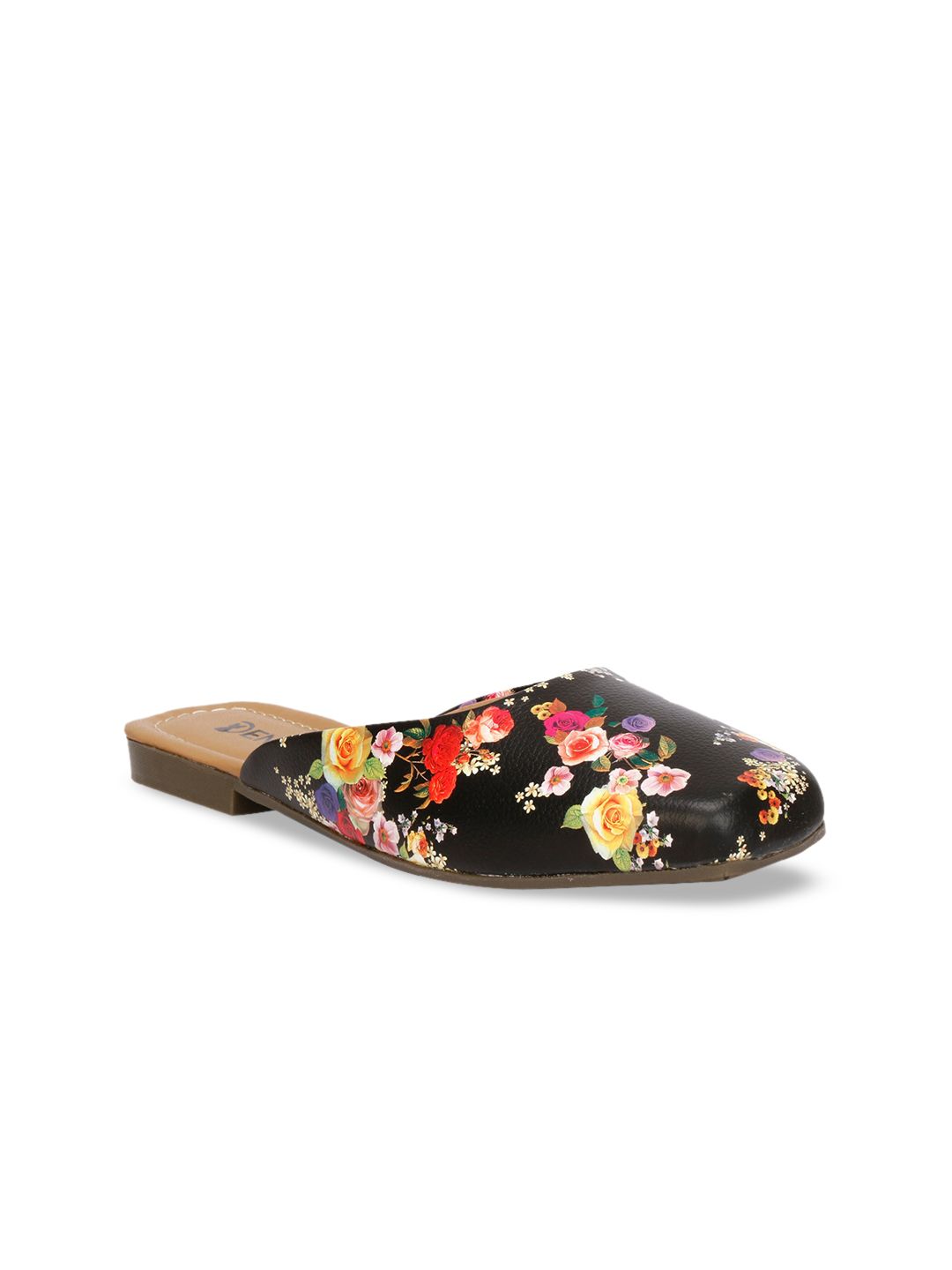 Denill Women Black Floral Printed Slip-On Mules Price in India