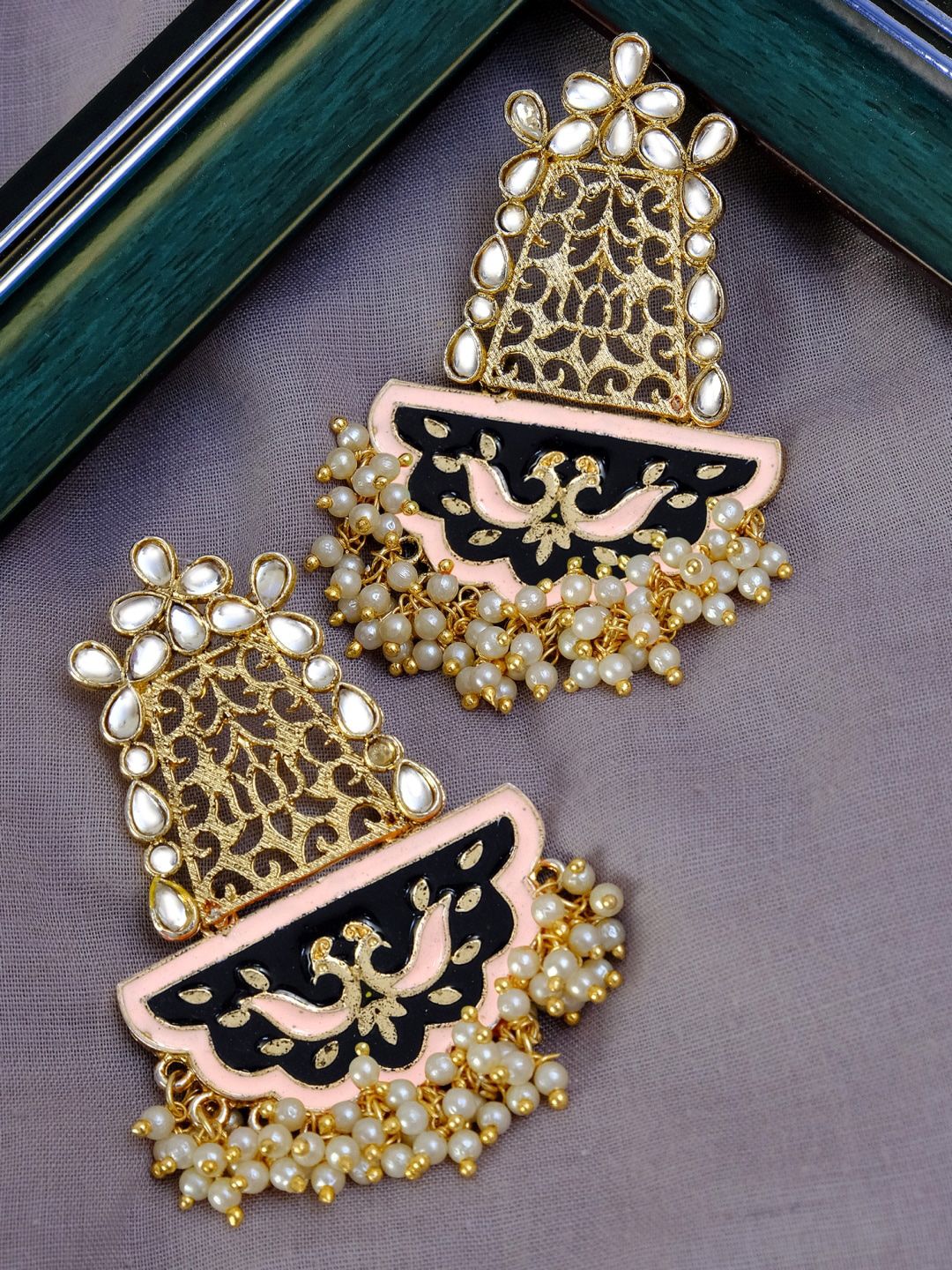 Crunchy Fashion Black Gold-Toned Kundan & Pearls Studded Contemporary Drop Earrings Price in India