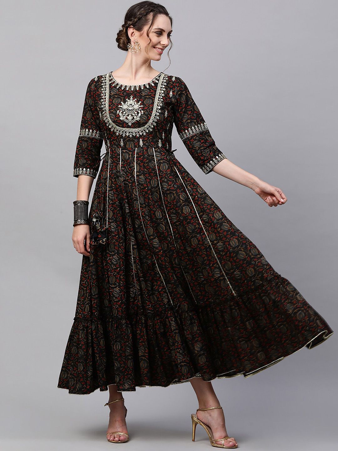 Indo Era Women Black Ethnic Motifs Printed Cotton Anarkali Kurta