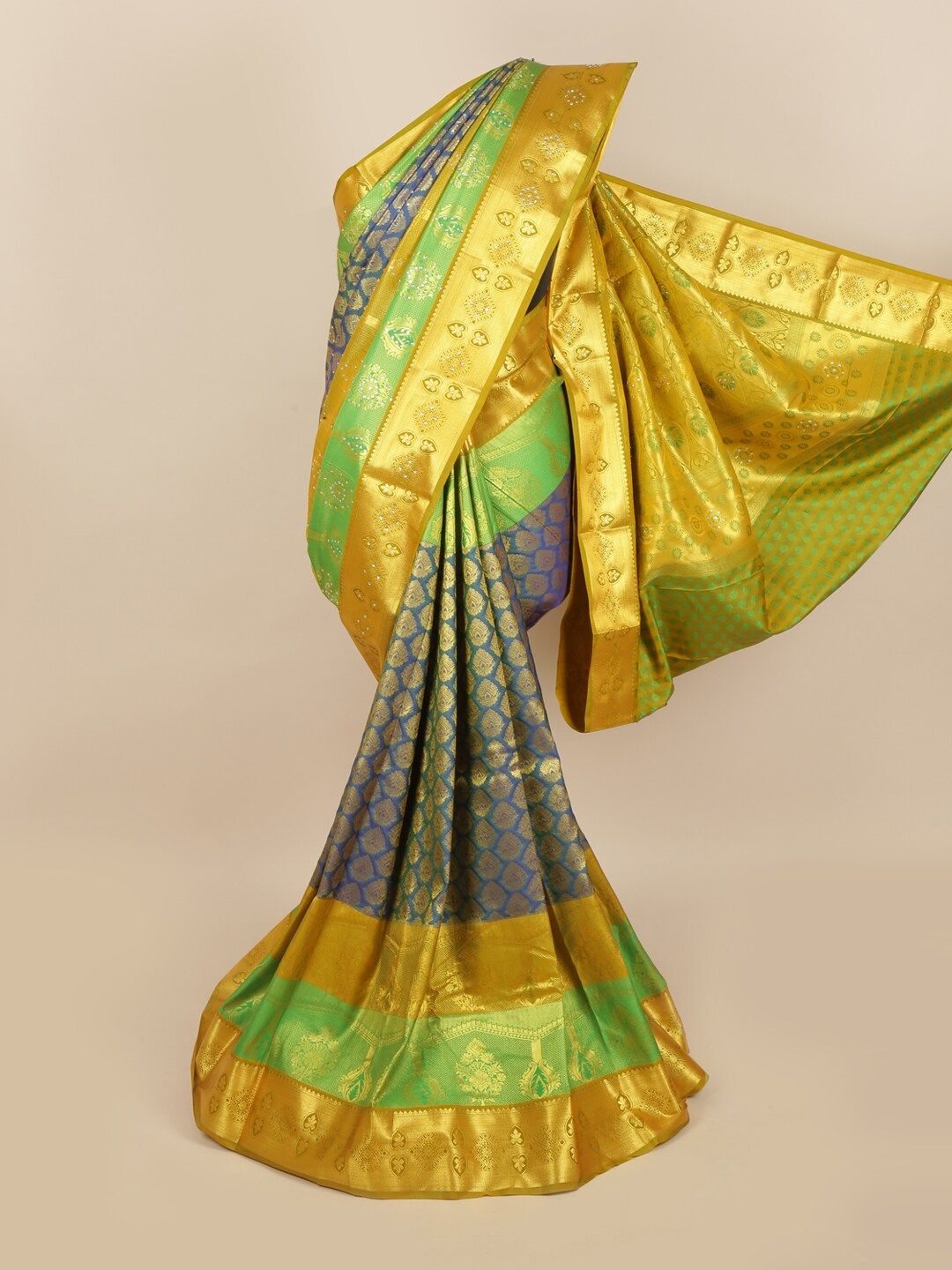 Pothys Blue & Golden Ethnic Motifs Zari & Stone Work Detail Saree