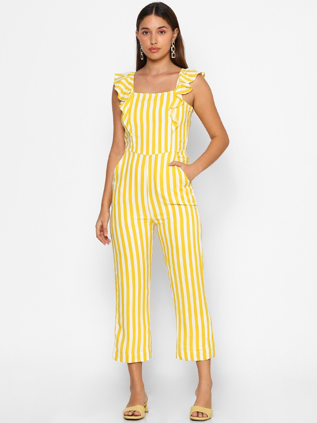 FOREVER 21 Yellow & White Striped Basic Jumpsuit Price in India