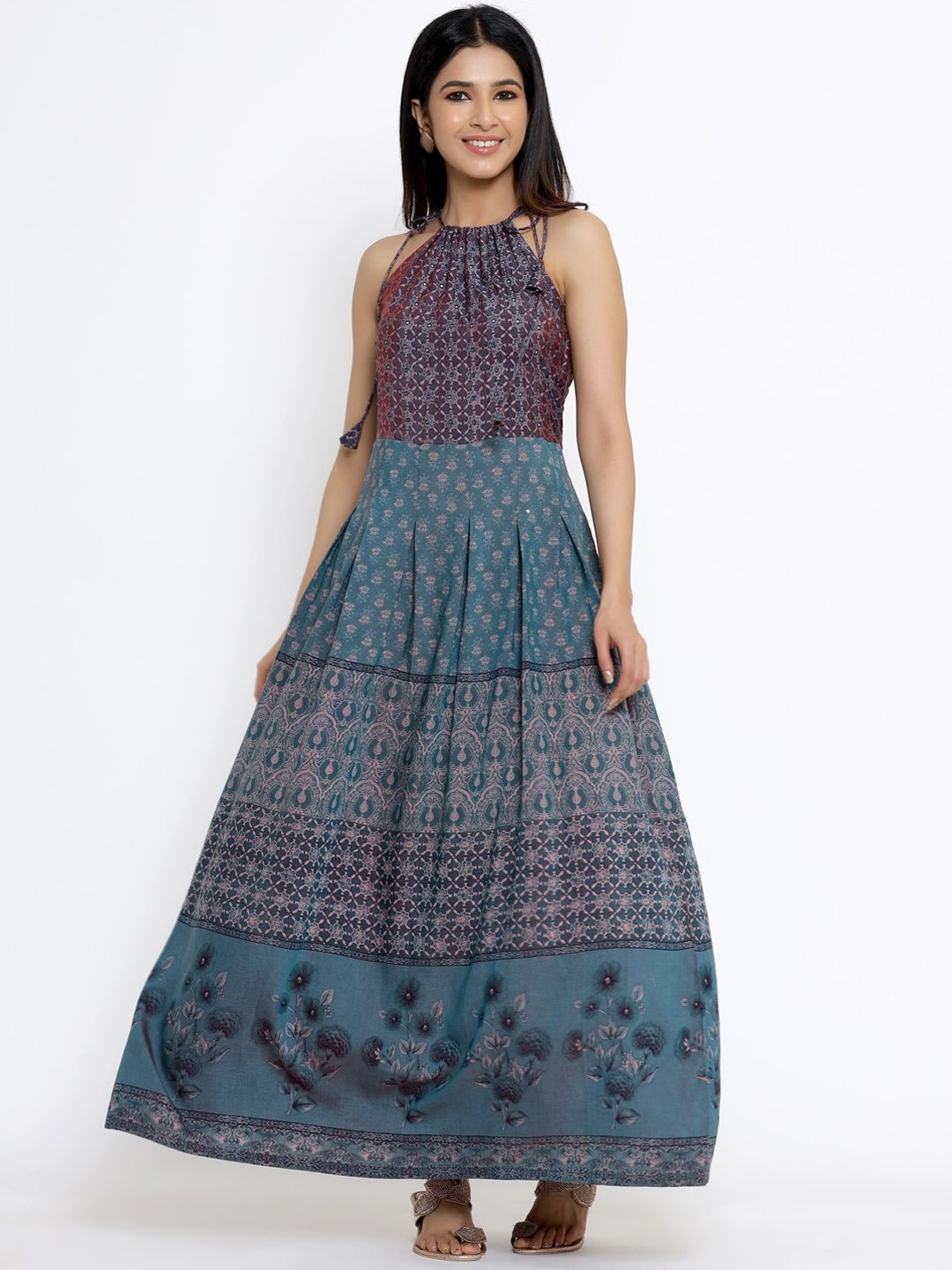 DIVYANK Teal Ethnic Motifs Halter Neck Maxi Dress Price in India