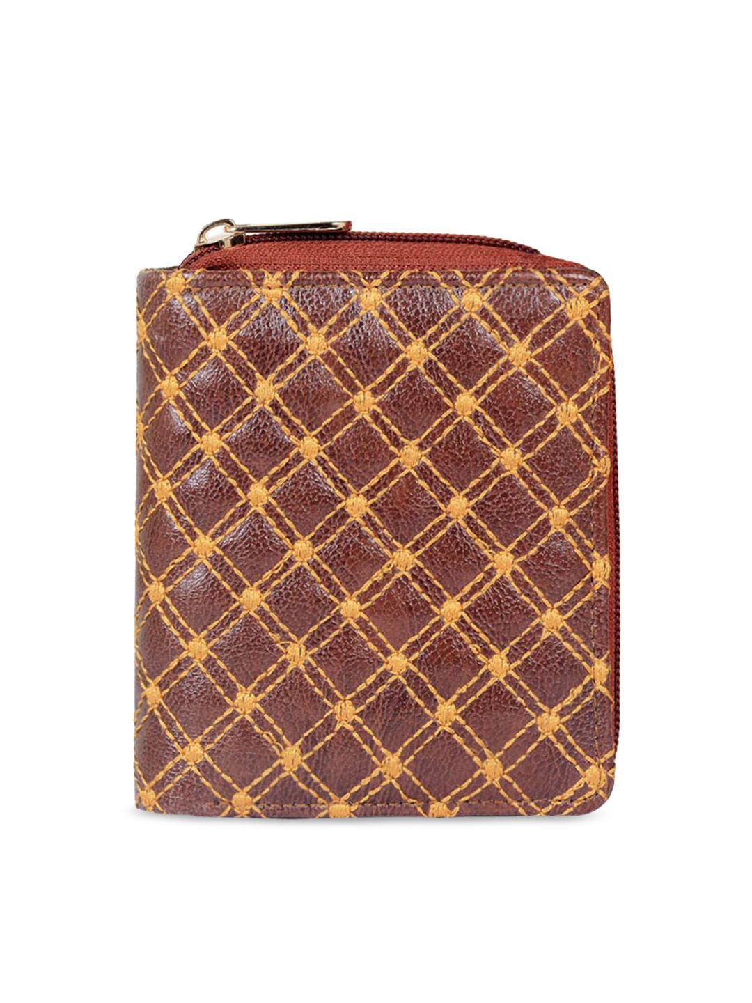 THE CLOWNFISH Women Tan & Mustard Checked Quilted Synthetic Leather Zip Around Wallet Price in India