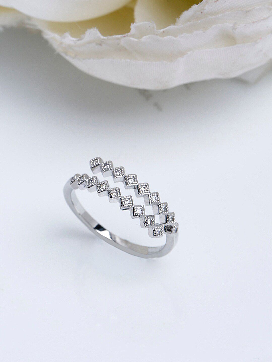 Shining Diva Fashion Silver-Toned Platinum-Plated Cubic Zirconia-Studded Adjustable Finger Ring Price in India