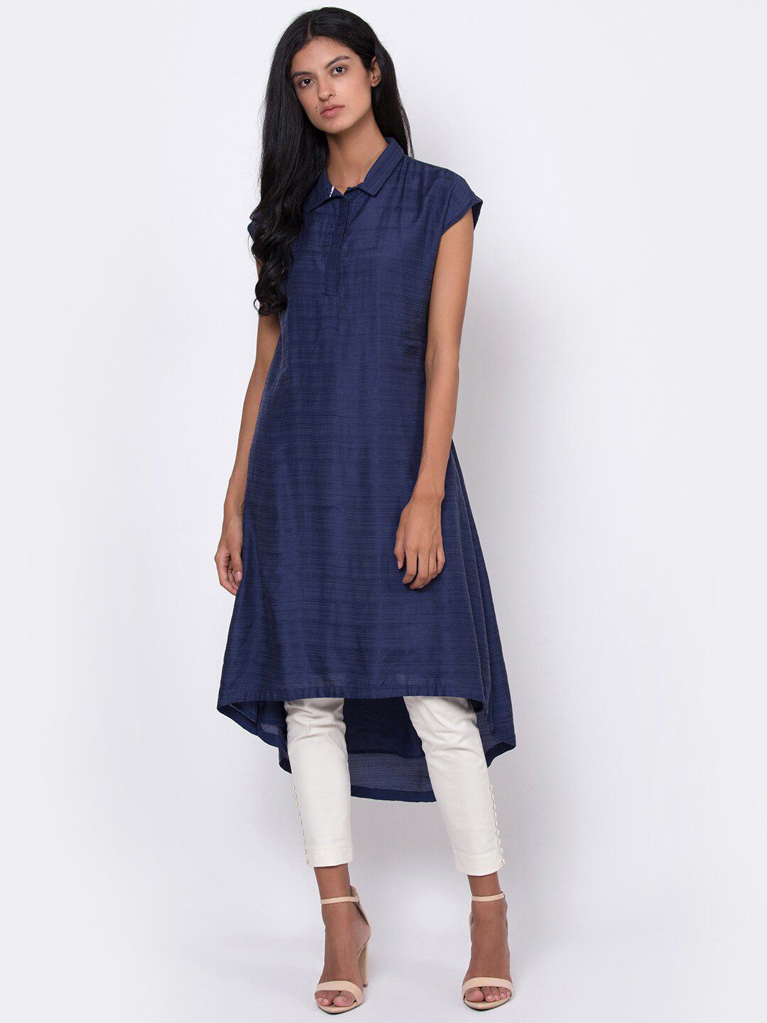 ROOTED Women Navy Blue Shirt Collar Tunic Price in India