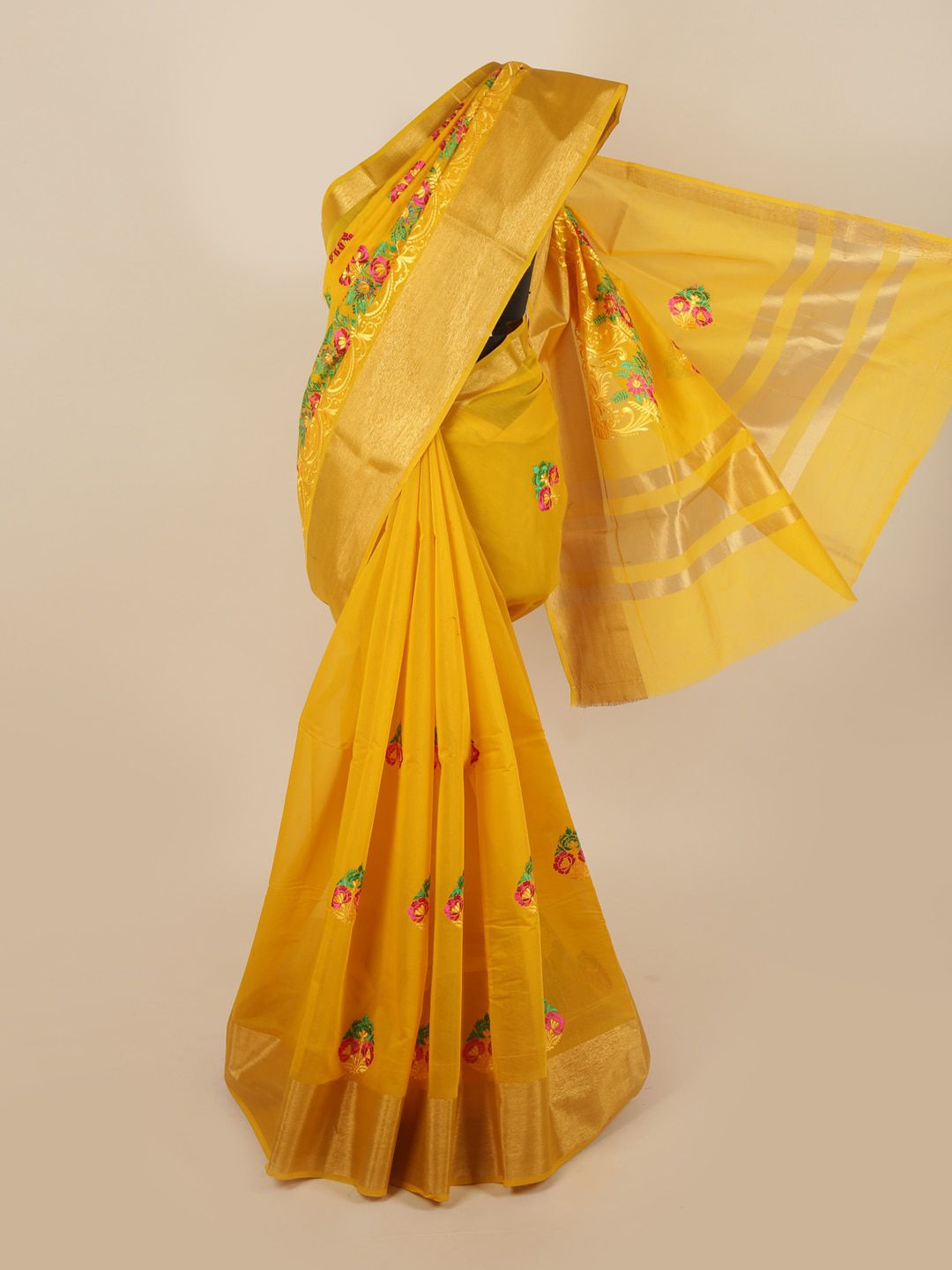 Pothys Yellow & Gold-Toned Floral Silk Cotton Saree