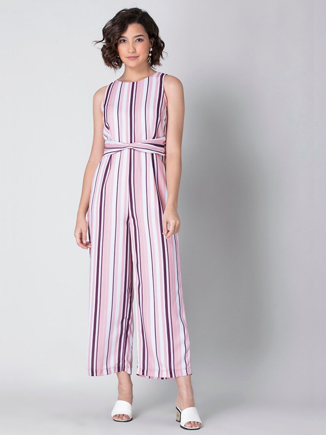 FabAlley White & Pink Striped Basic Jumpsuit Price in India