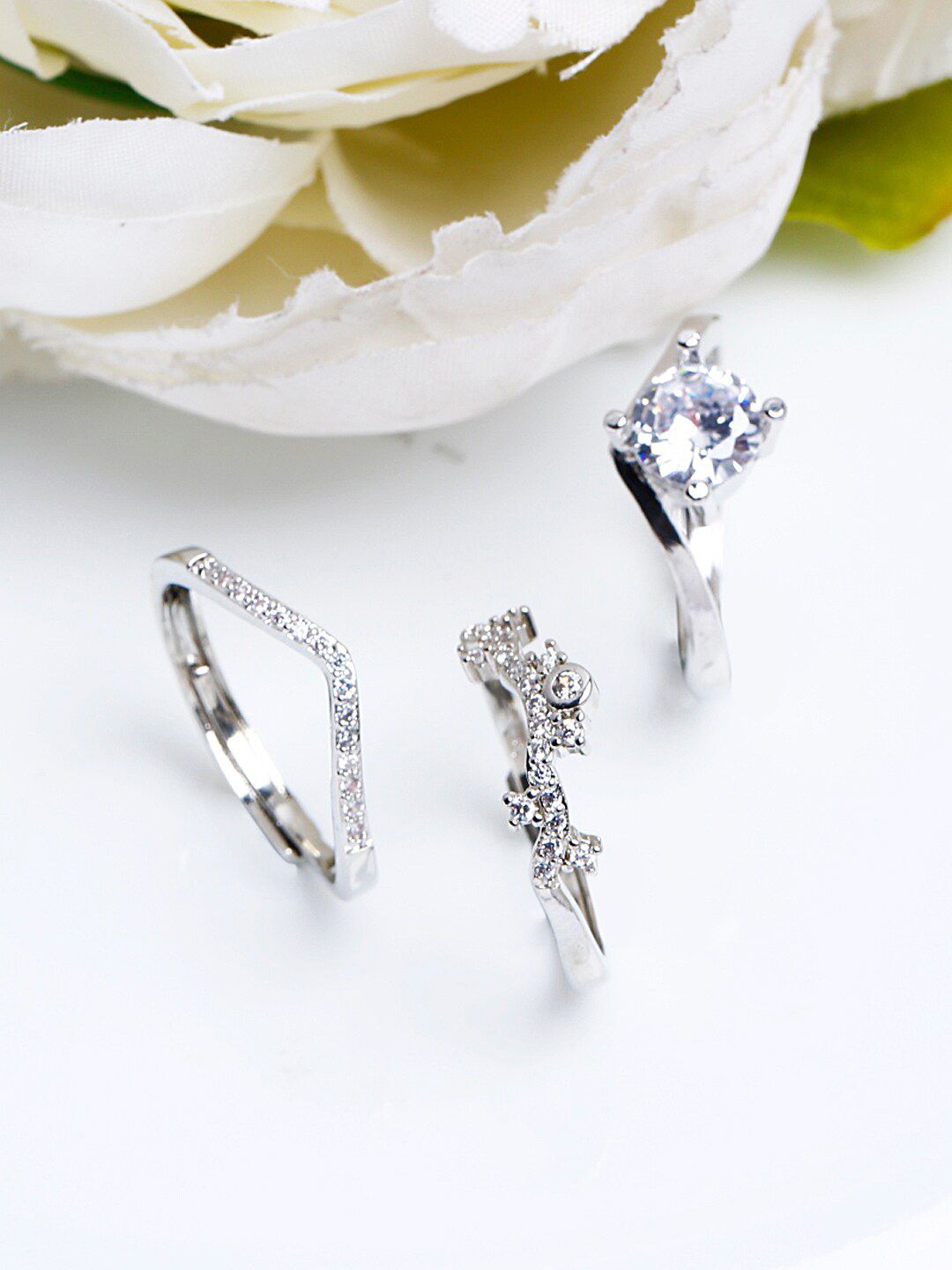 Shining Diva Fashion Set Of 3 Platinum-Plated Silver-Toned  White CZ-Studded Finger Rings Price in India