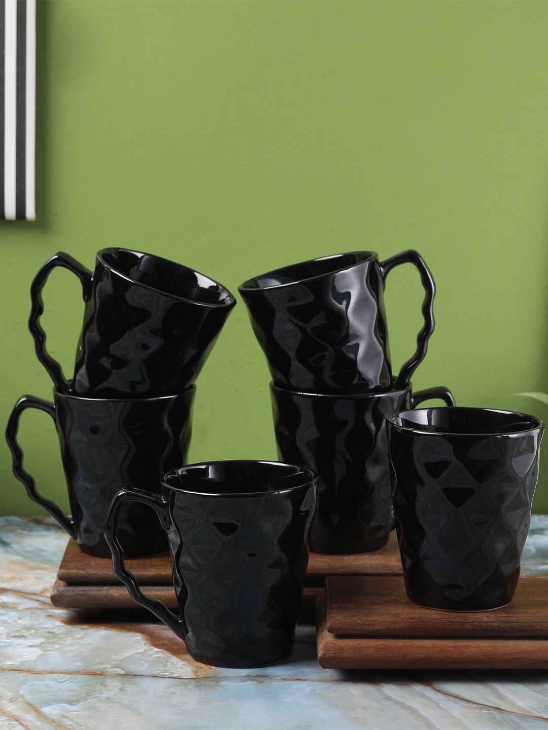 The Decor Mart Set Of 6 Black Textured Ceramic Glossy Mugs Price in India