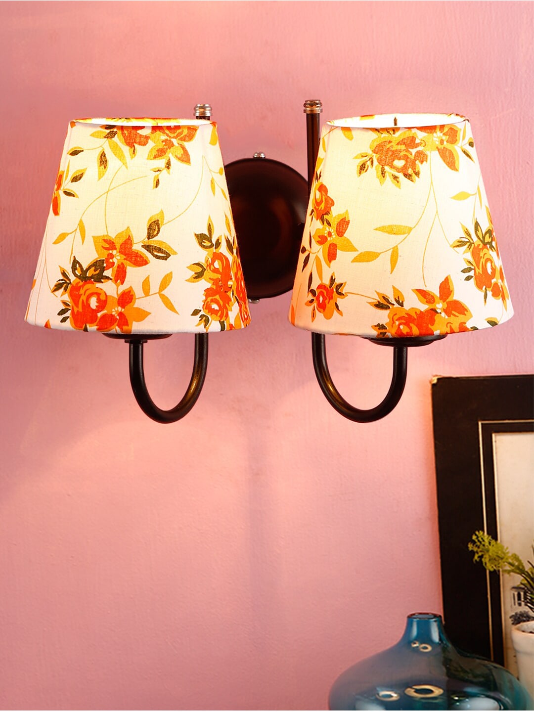 Devansh White & Orange Printed Traditional Armed Sconce Wall Lamp Price in India