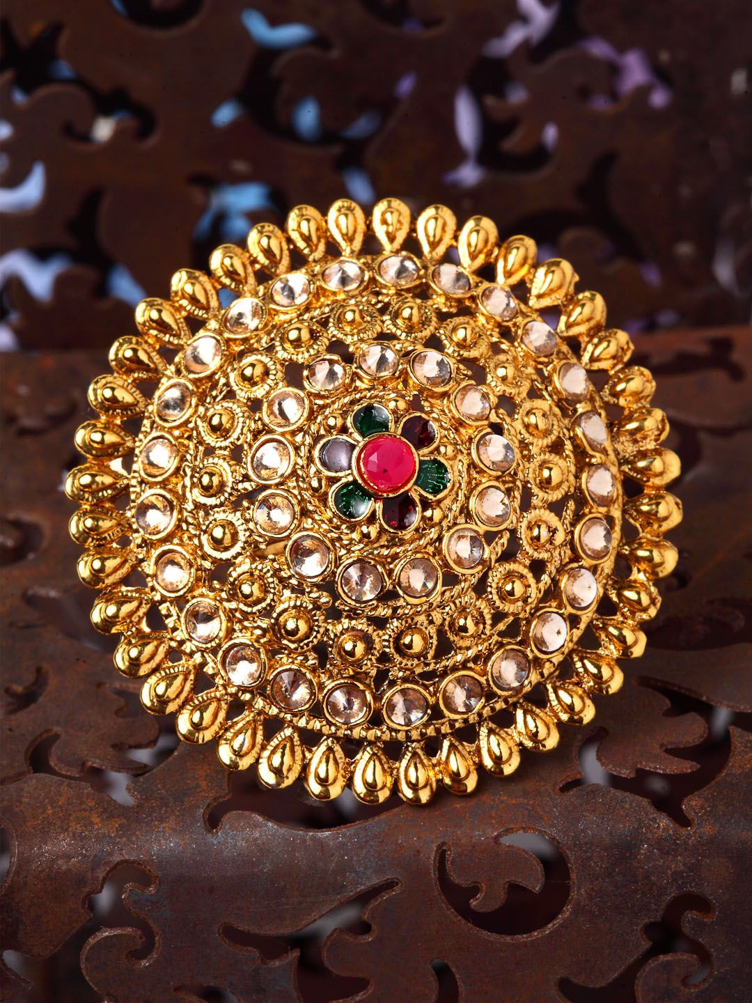 Shining Diva Gold-Plated White & Pink Kundan & Stone-Studded Meenakari Traditional Adjustable Finger Ring Price in India