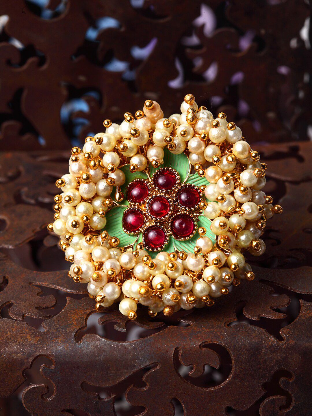 Shining Diva Gold-Plated White & Pink Stone-Studded Pearl Beaded Meenakari Traditional Adjustable Finger Ring Price in India