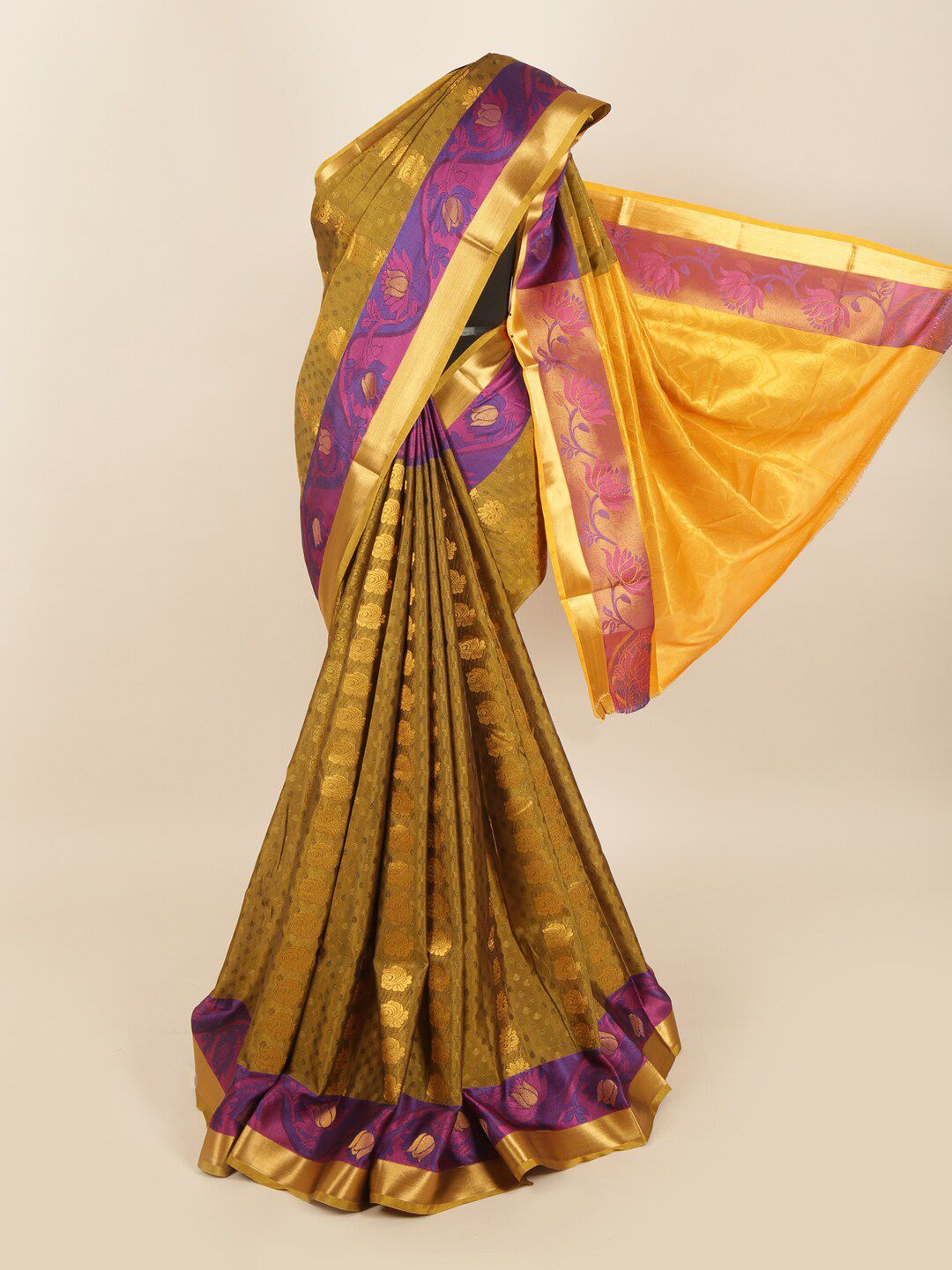 Pothys Olive Green & Violet Woven Design Zari Silk Blend Saree