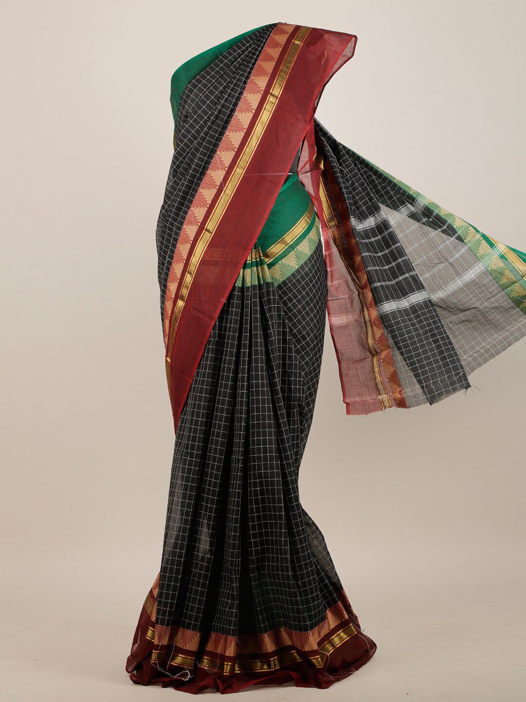 Pothys Black & Green Checked Pure Cotton Saree