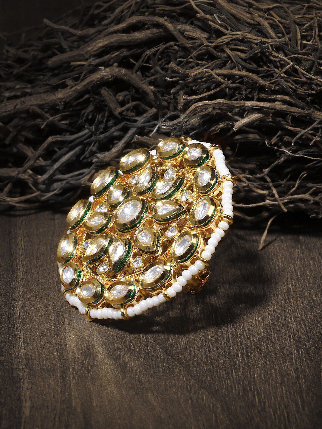 Adwitiya Collection Women 24CT Gold-Plated White Kundan-Studded Beaded Antique Finger Ring Price in India