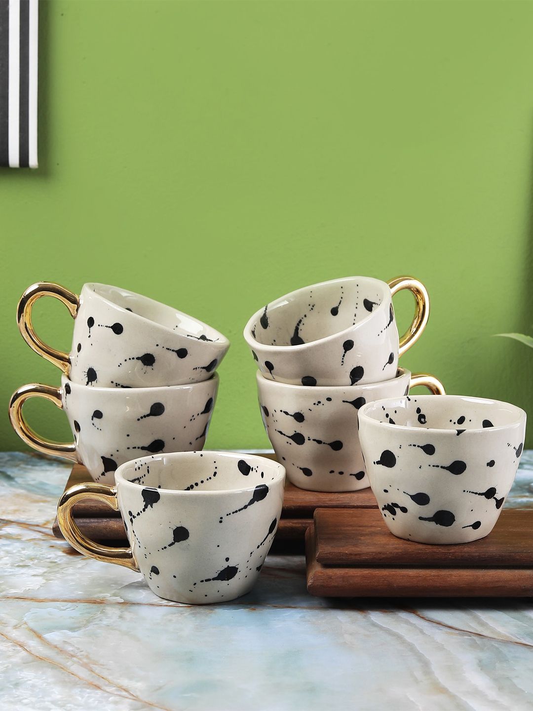 The Decor Mart Off White & Black Printed 6 Ceramic Glossy Cups Set Price in India