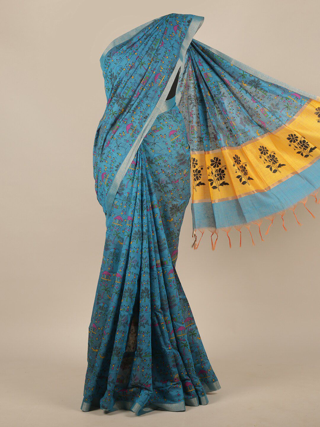 Pothys Blue & Yellow Ethnic Motifs Zari Silk Cotton Saree