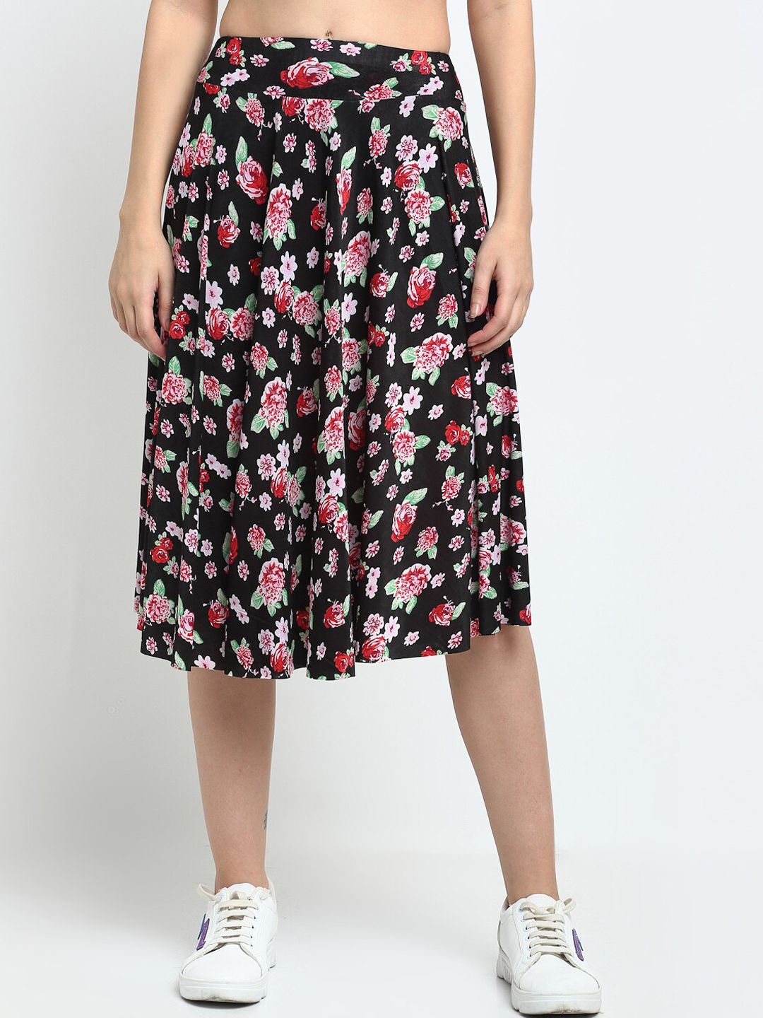 NEUDIS Women Black & Pink Floral Printed Flared Midi Skater Skirt