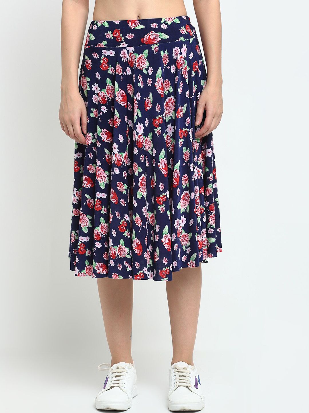 NEUDIS Women Navy Blue & Red Floral Printed Flared Midi Skater Skirt