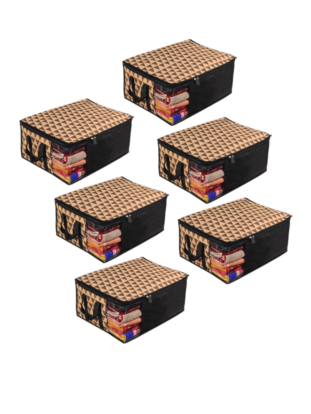 prettykrafts Set Of 6 Beige & Black Geometric Saree Organizers With Transparent Window Price in India