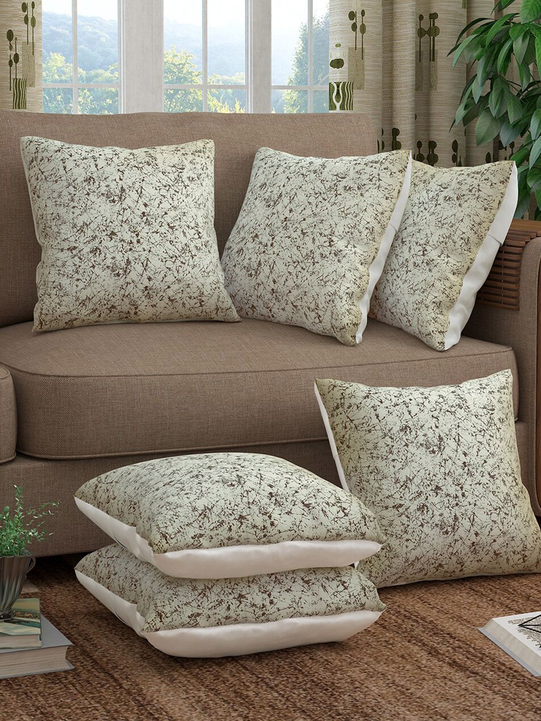 Story@home Beige & Green Set of 6 Abstract Square Cushion Covers Price in India