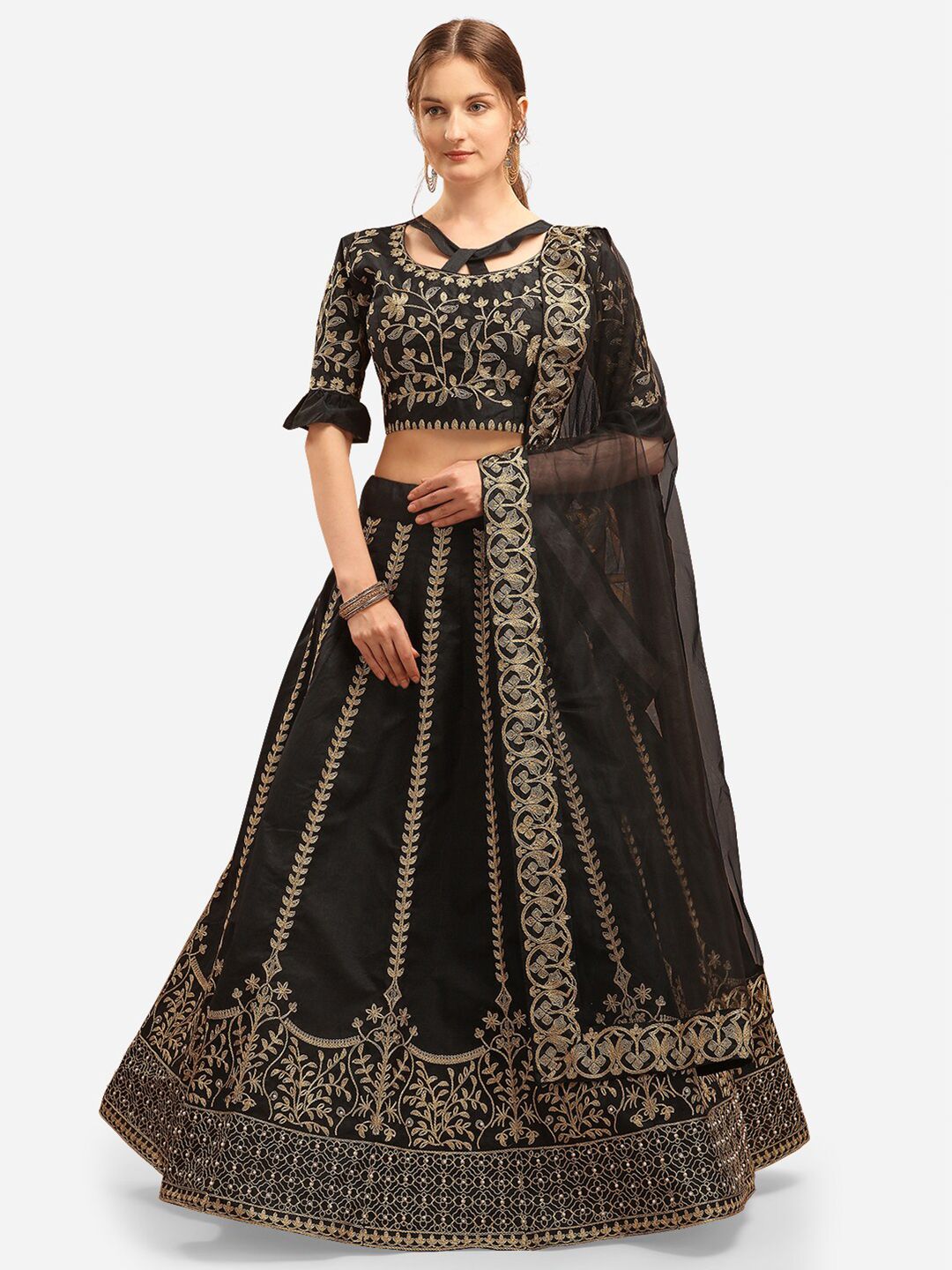 PURVAJA Black & Gold-Toned Embroidered Thread Work Ready to Wear Lehenga & Unstitched Blouse With Dupatta