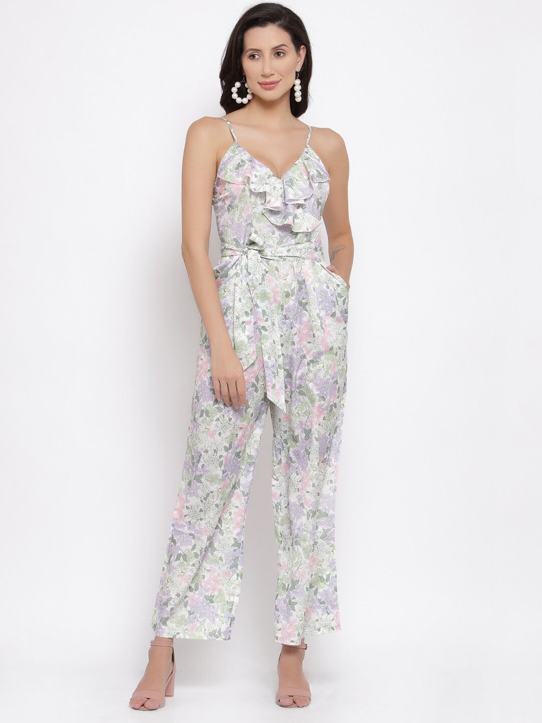 iki chic Off White & Green Printed Culotte Jumpsuit with Ruffles Price in India