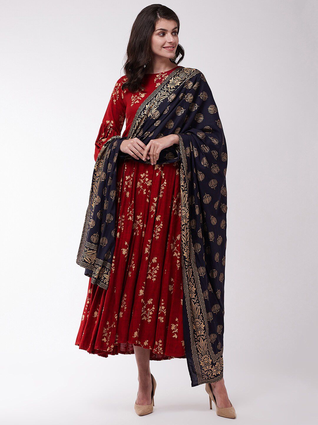 InWeave Navy Blue & Golden Printed Pure Cotton Dupatta Price in India