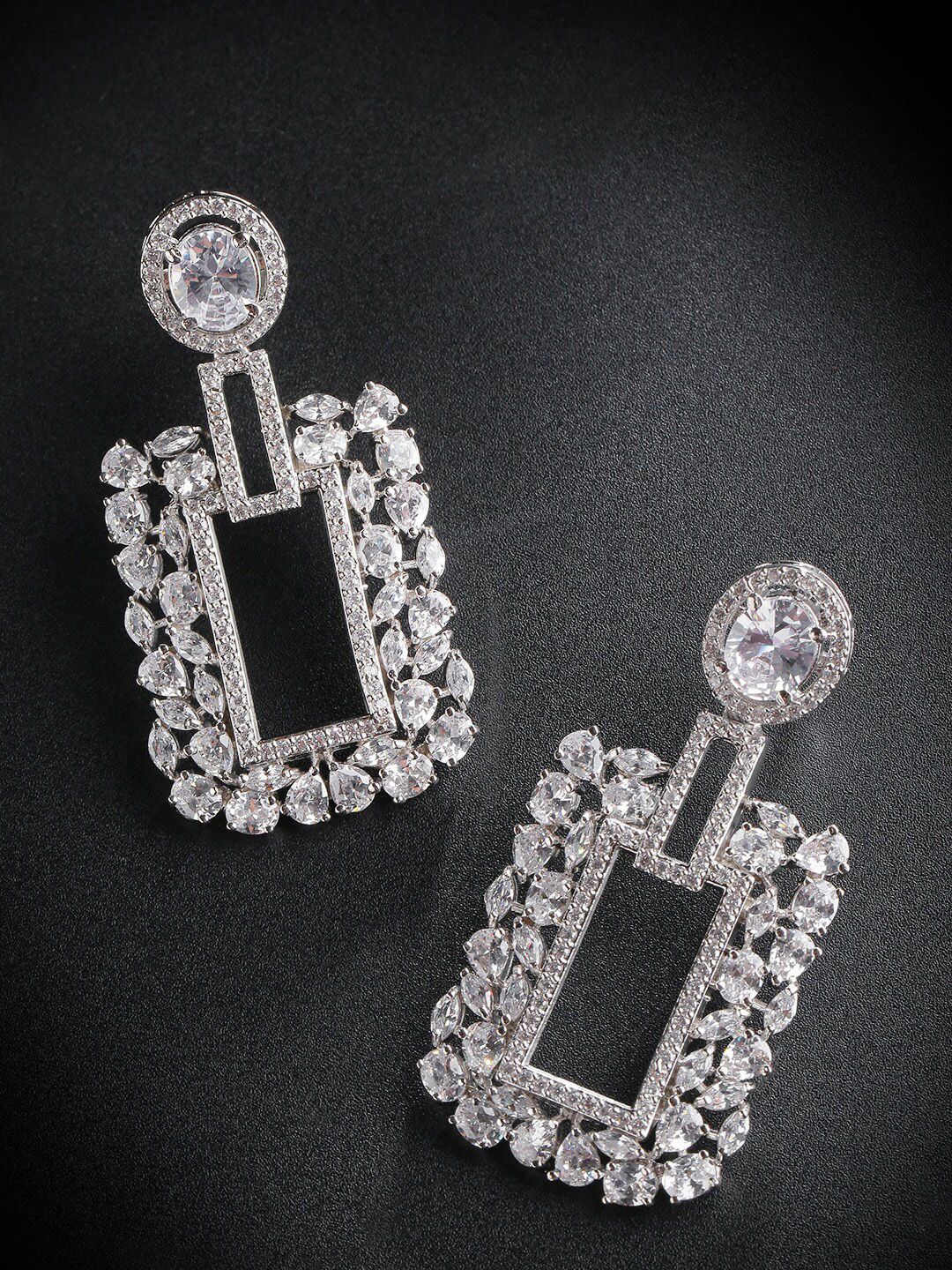 Priyaasi Women Silver-Toned & White American Diamond Studded Classic Drop Earrings Price in India