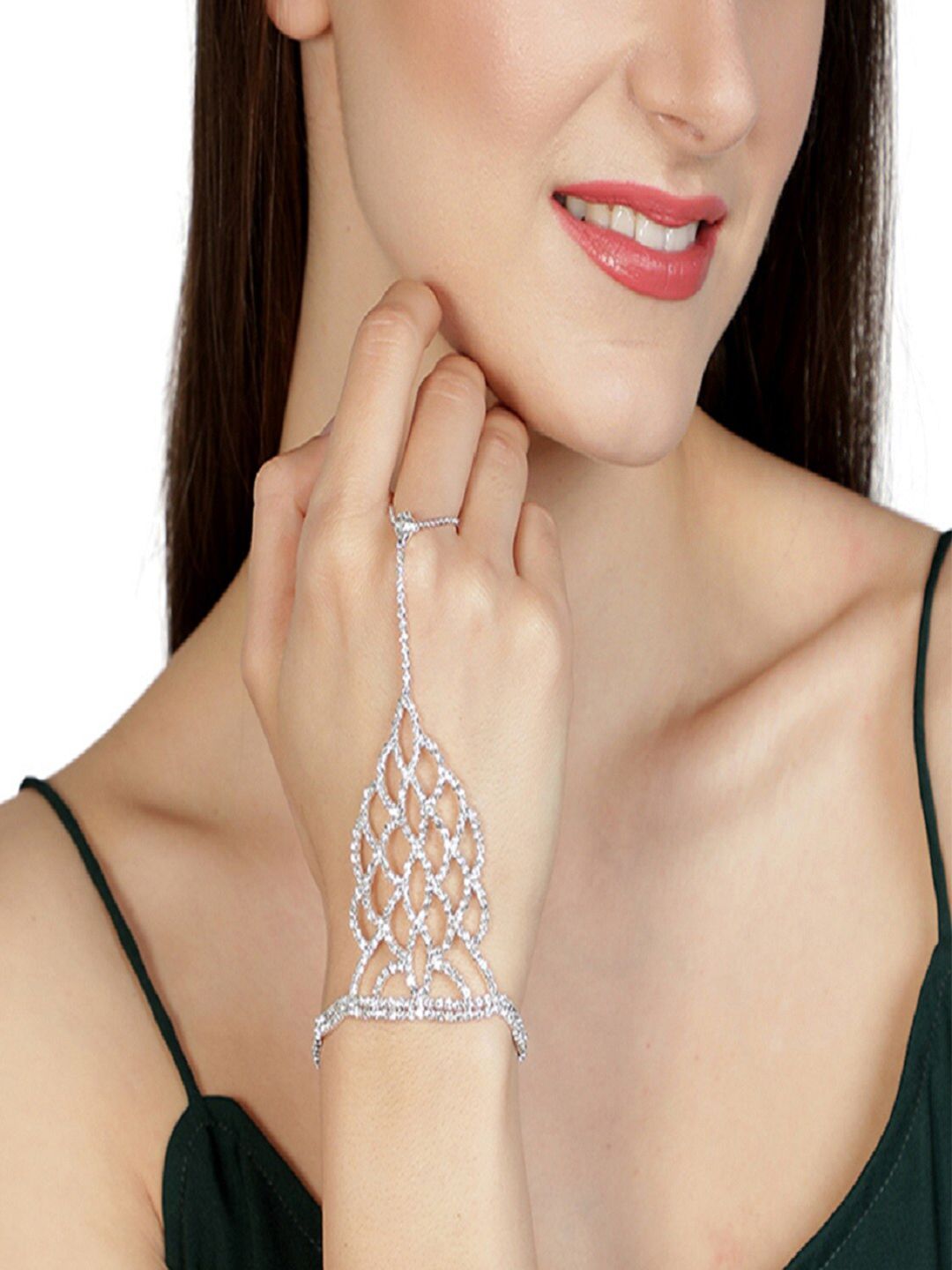 AQUASTREET Women Silver-Toned Silver-Plated Crystal Studded Ring Bracelet Price in India