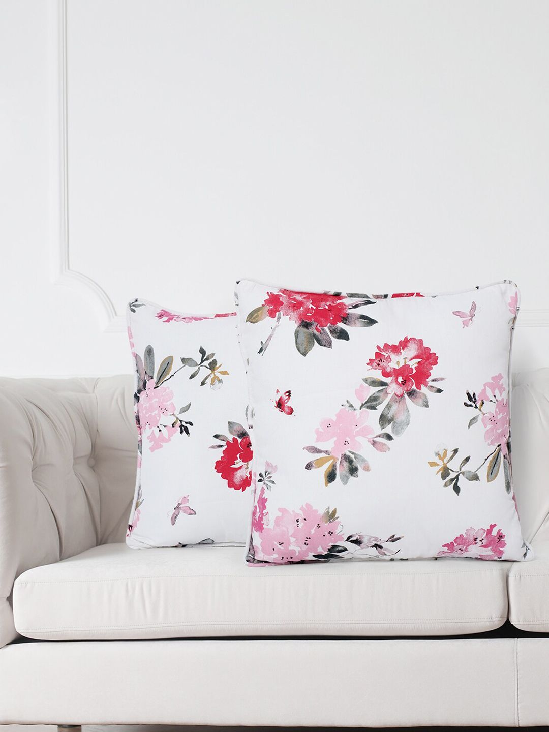 SWAYAM White & Pink Set of 2 Floral Square Cushion Covers Price in India