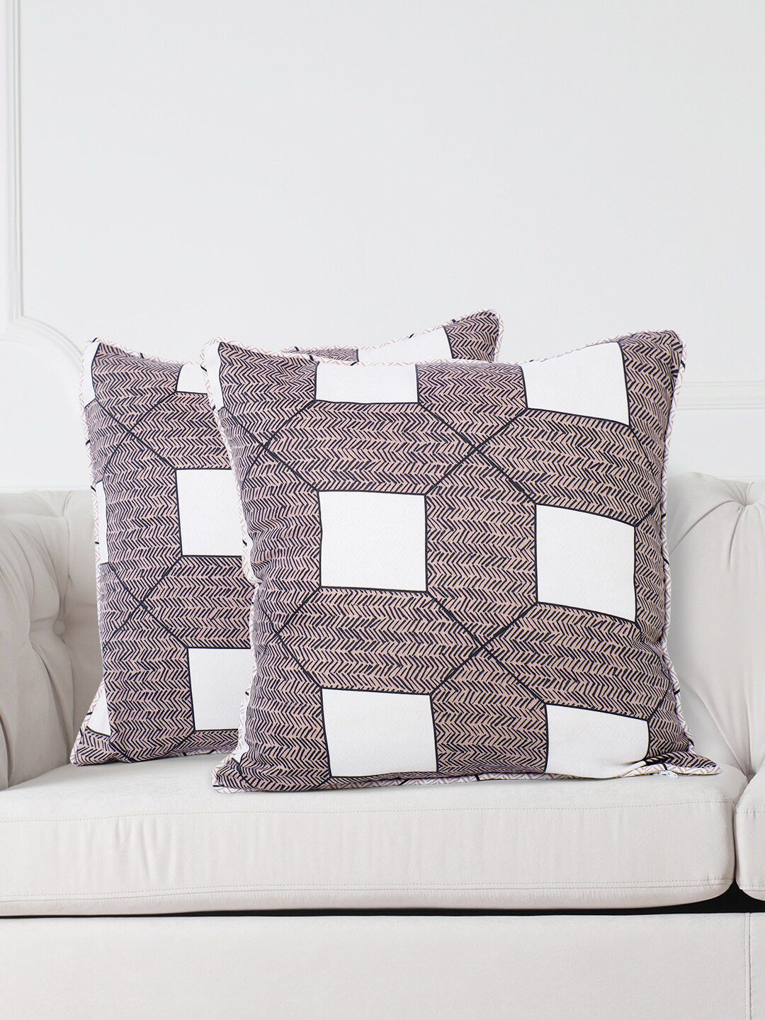 SWAYAM White & Pink Set of 2 Geometric Square Cushion Covers Price in India