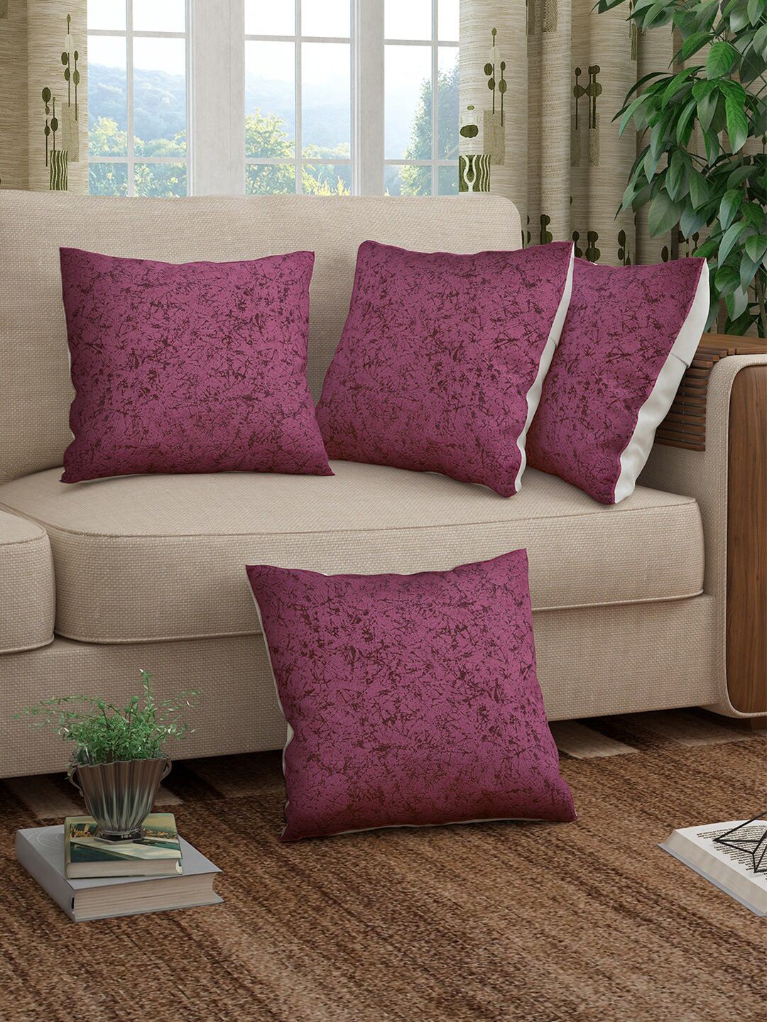 Story@home Magenta Set of 4 Abstract Square Cushion Covers Price in India