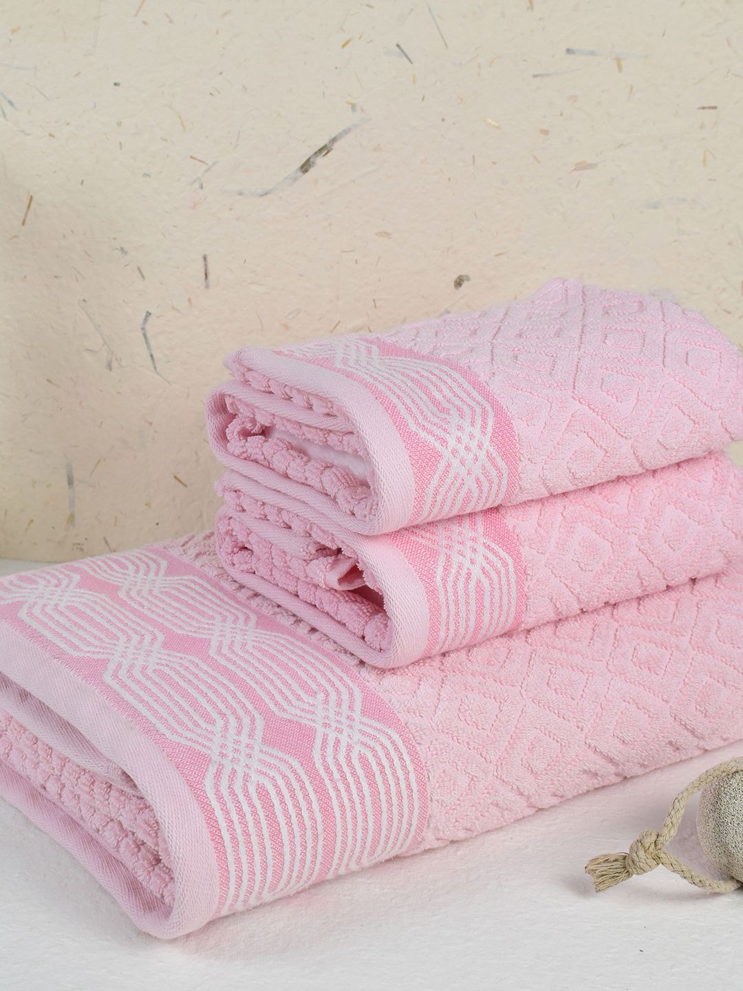 RANGOLI Set Of 3 Pink & White Self-Design 500 GSM Jacquard Towel Set Price in India